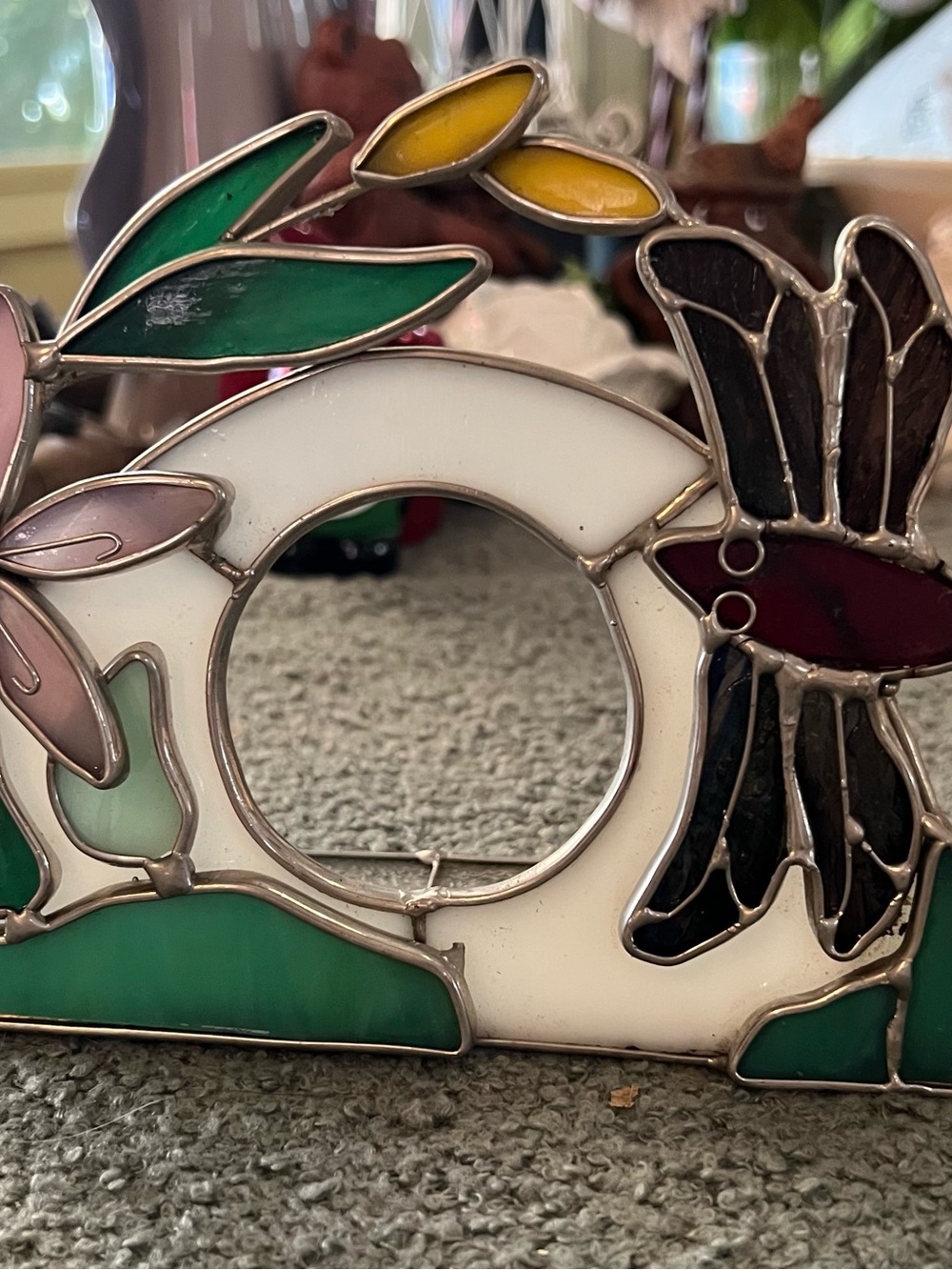 Handcrafted Stained Glass Photo Frame Candle Holder Glass Dragonfly L 8” H 5.5”
